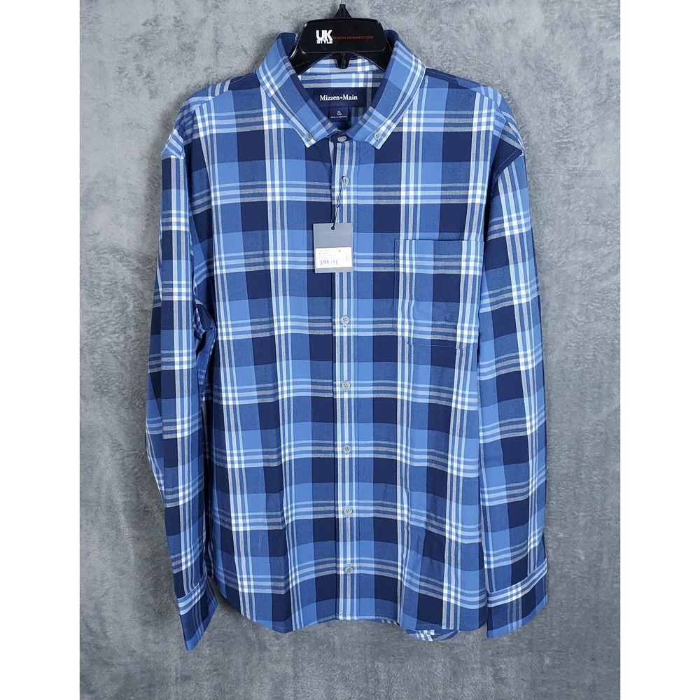 NWT Mizzen + Main City Flannel Mens XL Blue Plaid Trim Stretch Shirt $148.00‎